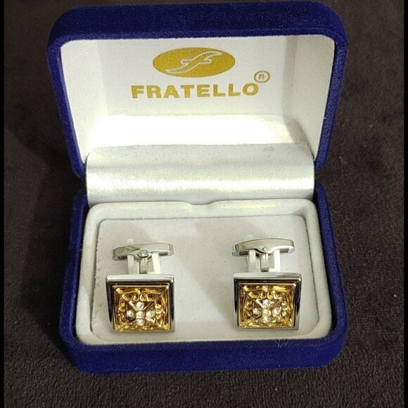 MEN'S FRATELLO GOLD, SILVER, RHINESTONE CUFF LINK - Picture 1 of 2